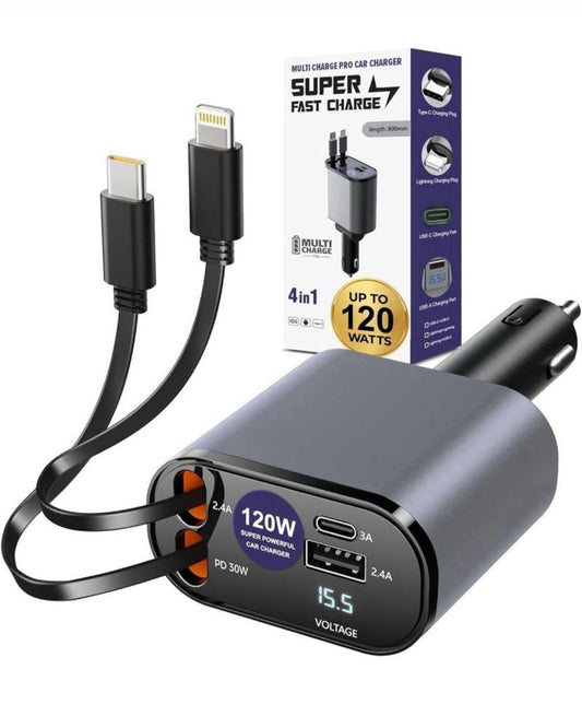 4-in-1 Car Charger 120W Super Fast Charger with USB A and C Ports